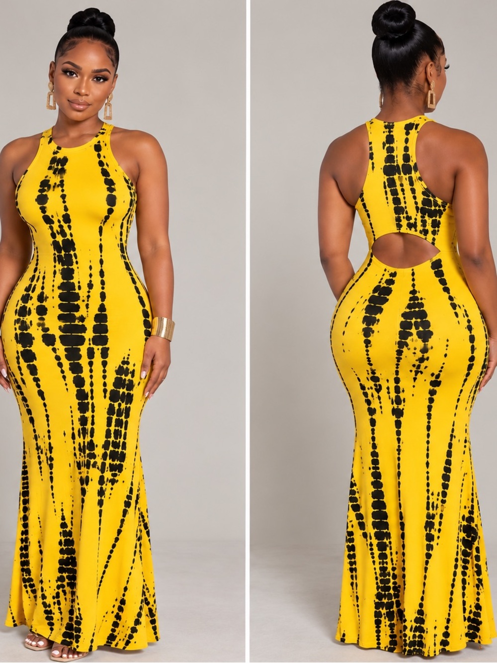 Yellow & Black Tie-Dye Cutout Maxi Dress - Sleek Racerback Style